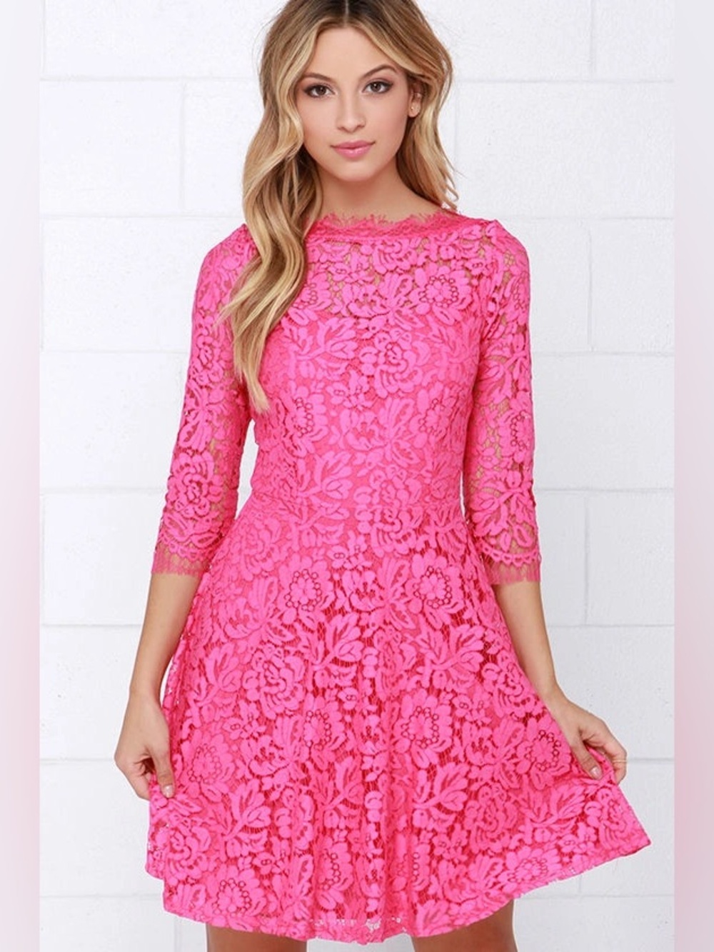 Lulu's Hot Pink Lace Fit & Flare Dress with Three-Quarter Sleeves